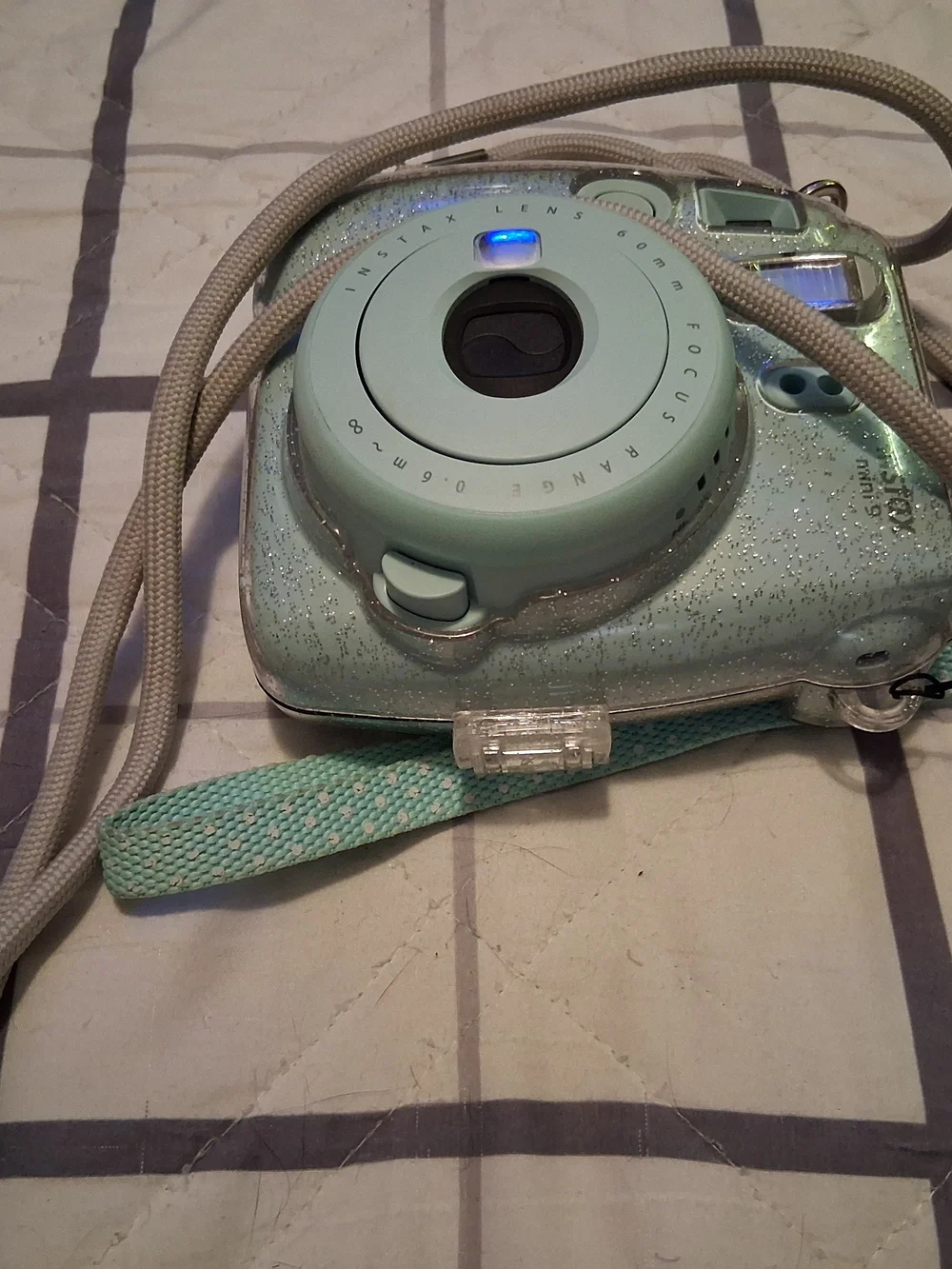 Fuji Instax Mini 9 Camera in Mint Green with Glitter Case. EXCELLENT CONDITION!